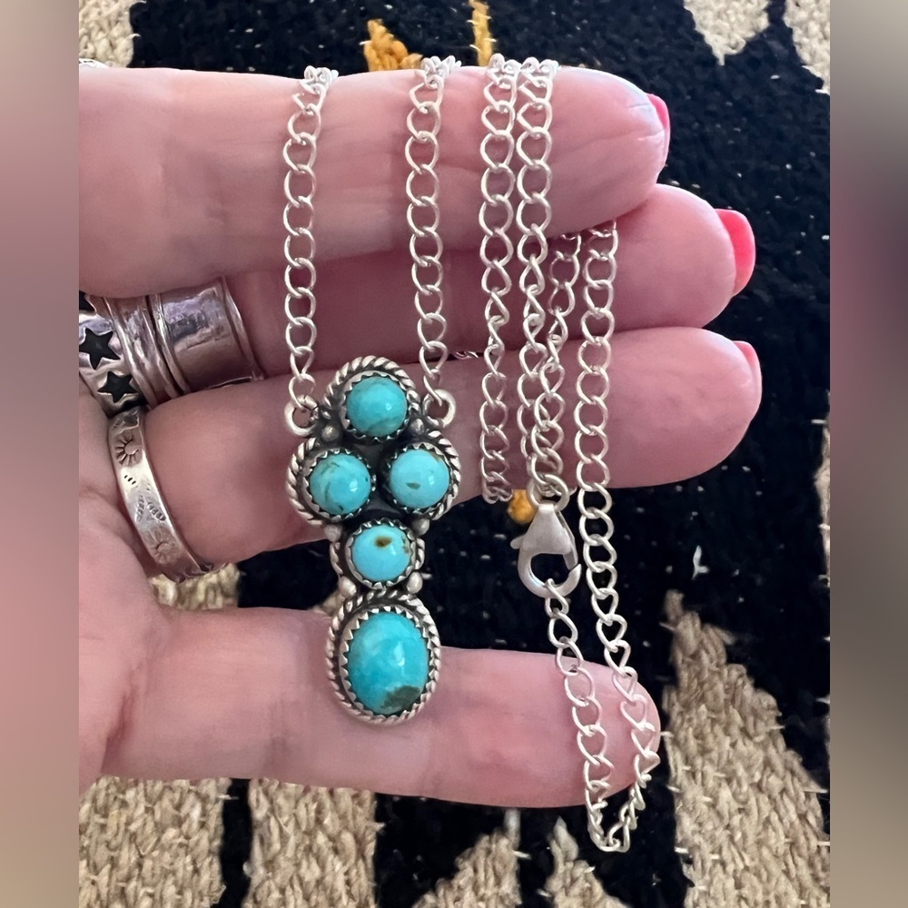❤️ Kingman Turquoise 5 Stone Brushed 925 Southwestern 18+2” Adj Necklace 11.6Gm - Picture 3 of 14